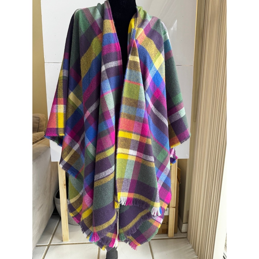 Soft Surroundings Plaid Wrap Poncho One Size Multicolor Fringe Scarf Cape Jacket